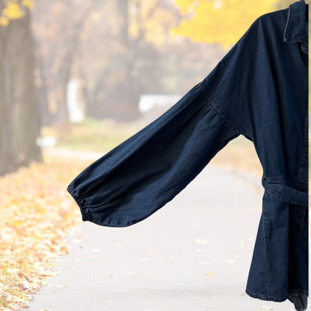 NEW Lantern Sleeve Denim Romper - Elastic Waist Tie Front Short Deep Denim - L - Picture 7 of 10